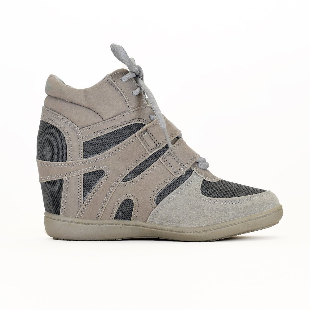 Lt Grey Faux Suede Mesh Panel Hidden Wedge Sneaker - Picture 2 of 3